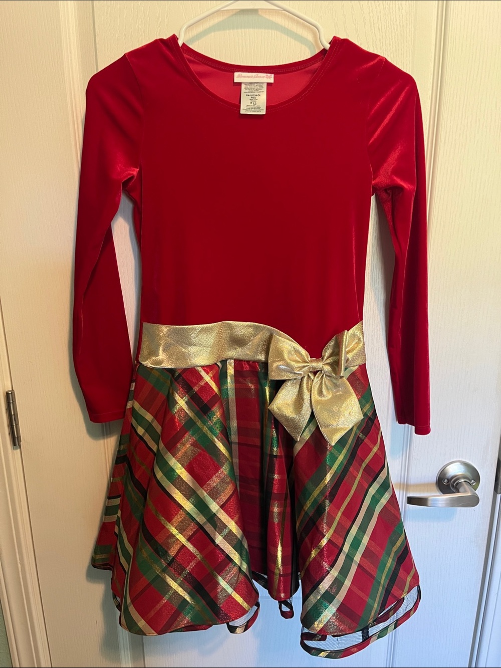 Bonnie Jean Red Velvet & Plaid Dress with Gold Bow
